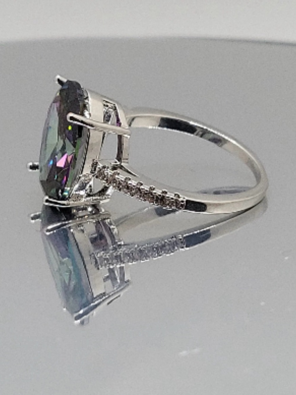 White Gold Plated Mystic Topaz Oval Solitaire Ring in Multi-Colour with CZ Band. - Picture 5 of 8